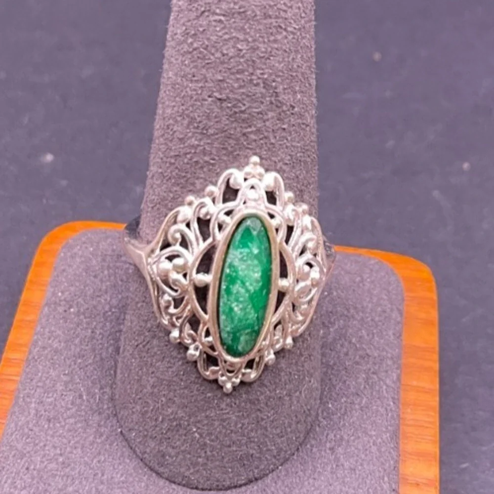 Vtg Oval Green Malachite & Sterling Silver 925 Filigree Statement Ring Size 10